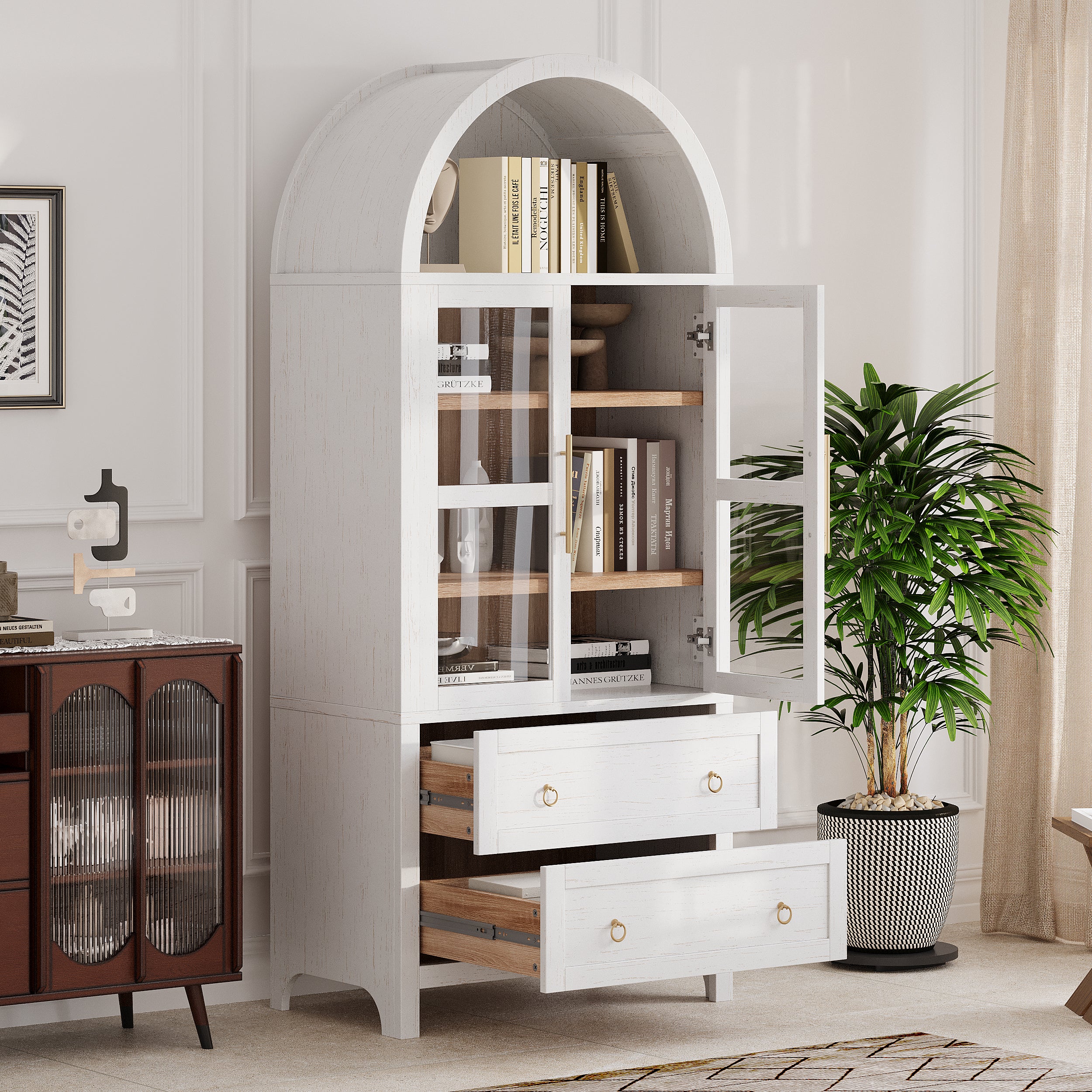 White Artisan 71 - inch arched pantry cabinet with open glass door, adjustable shelves, and extended storage drawers styled in a modern farmhouse living space
