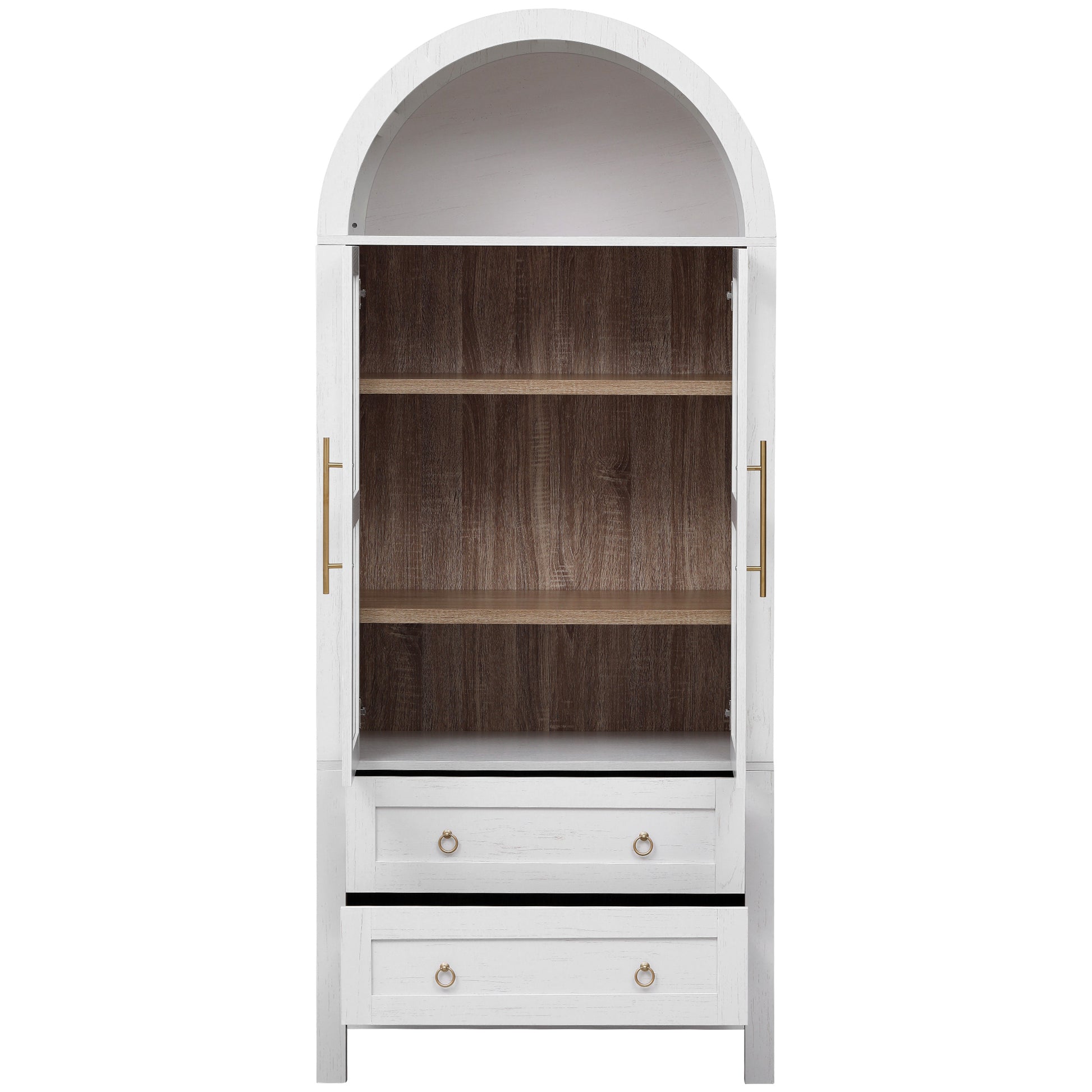 White Artisan 71 - inch arched pantry cabinet with open glass doors, adjustable interior shelves, and two pull - out drawers for farmhouse kitchen storage