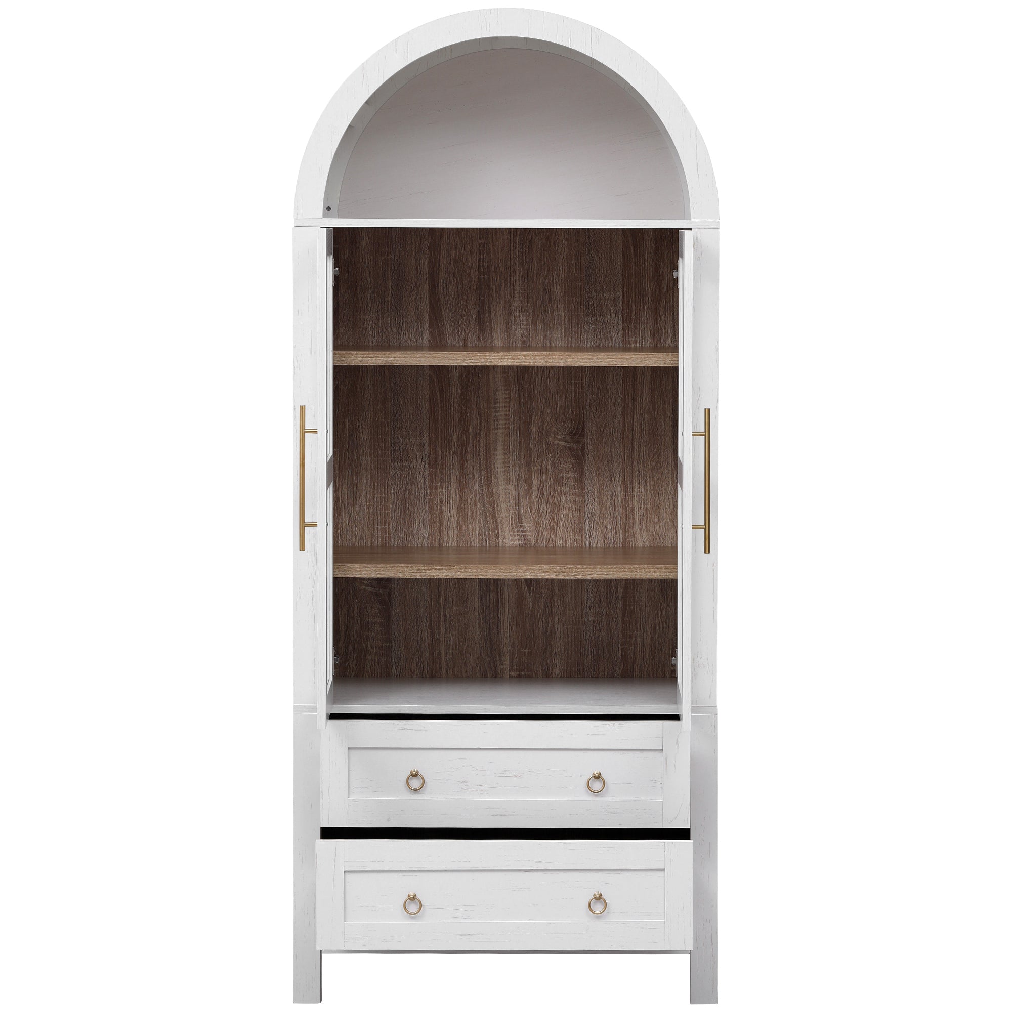 White Artisan 71 - inch arched pantry cabinet with open glass doors, adjustable interior shelves, and two pull - out drawers for farmhouse kitchen storage