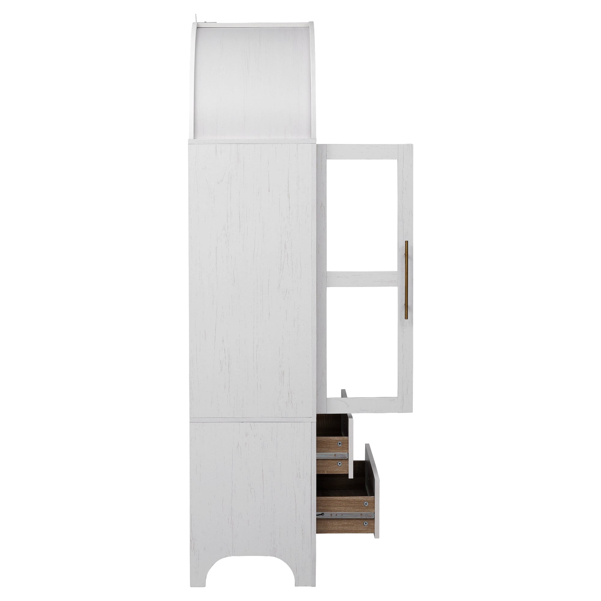 Side view of the white Artisan 71 - inch pantry cabinet with open glass door, arched top, and partially extended storage drawers showing farmhouse - style storage design