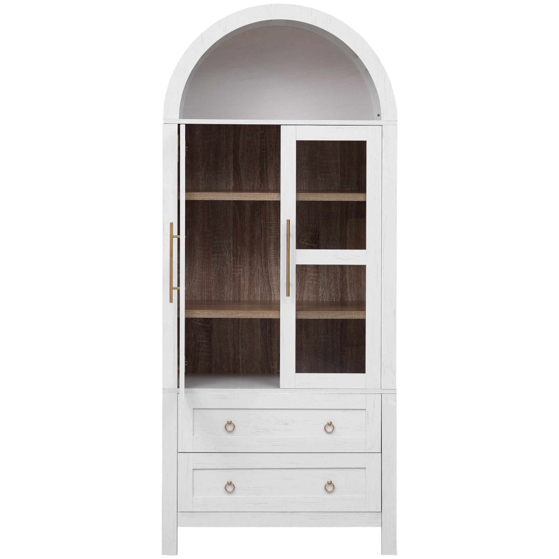 White Artisan 71 - inch arched pantry cabinet with partially open glass door, adjustable interior shelves, and two lower drawers for kitchen and dining room storage