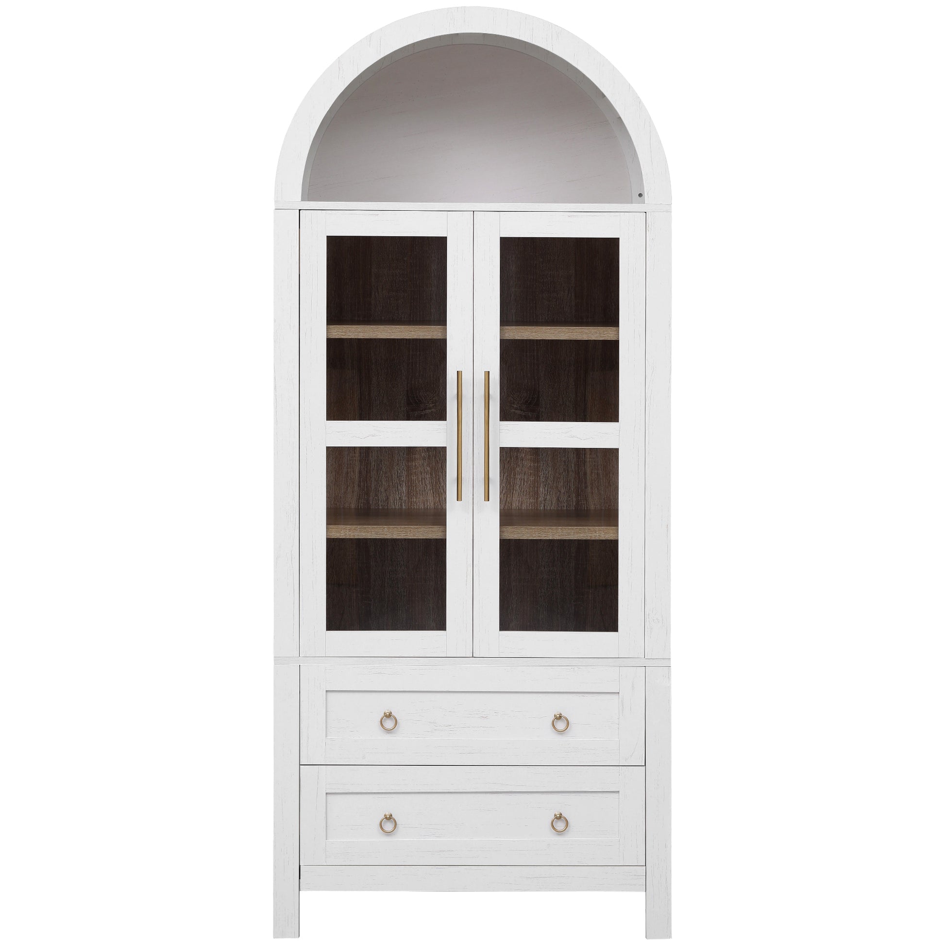 Front view of the white Artisan 71-inch farmhouse pantry cabinet with arched top, framed glass doors, interior shelves, and two lower storage drawers