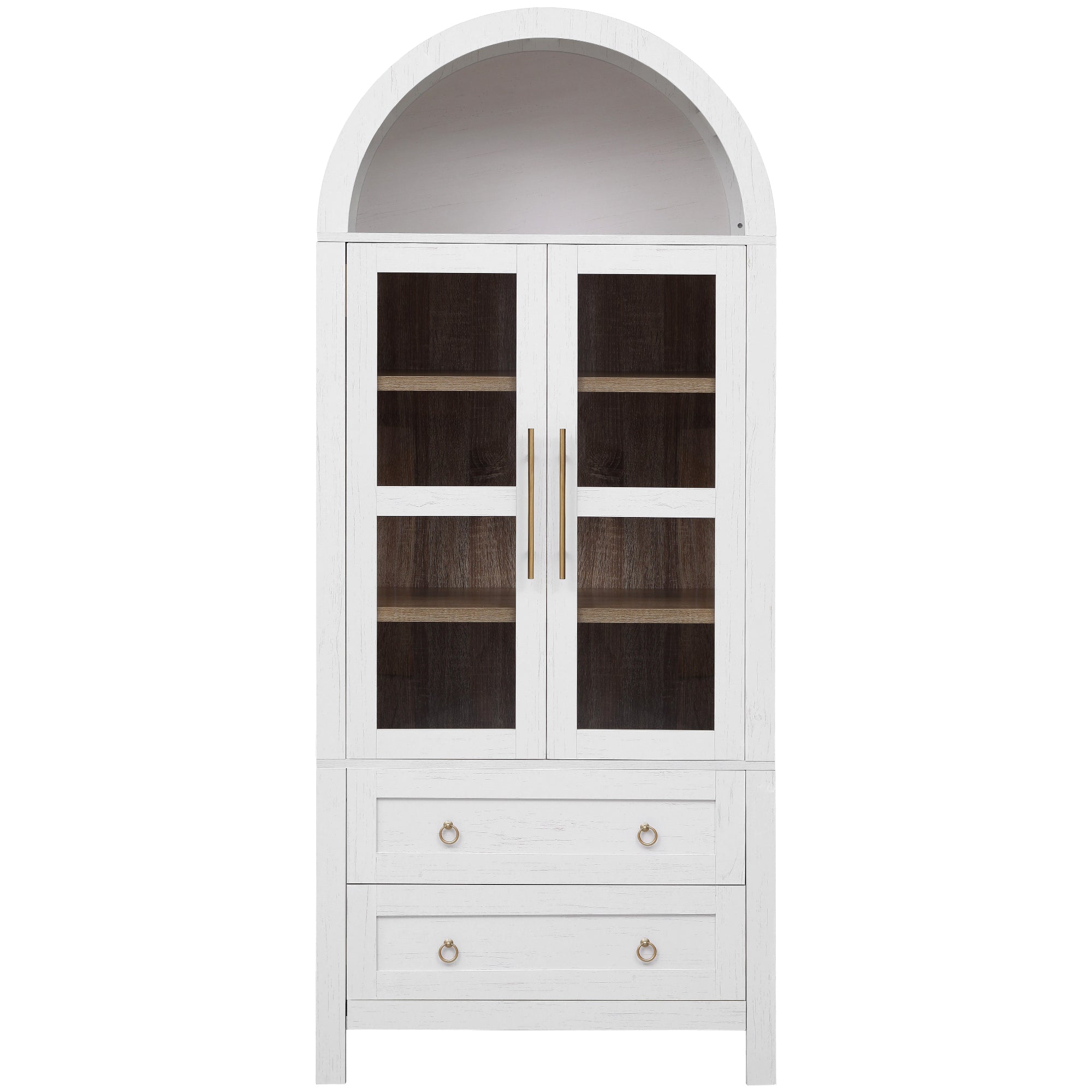 Front view of the white Artisan 71-inch farmhouse pantry cabinet with arched top, framed glass doors, interior shelves, and two lower storage drawers