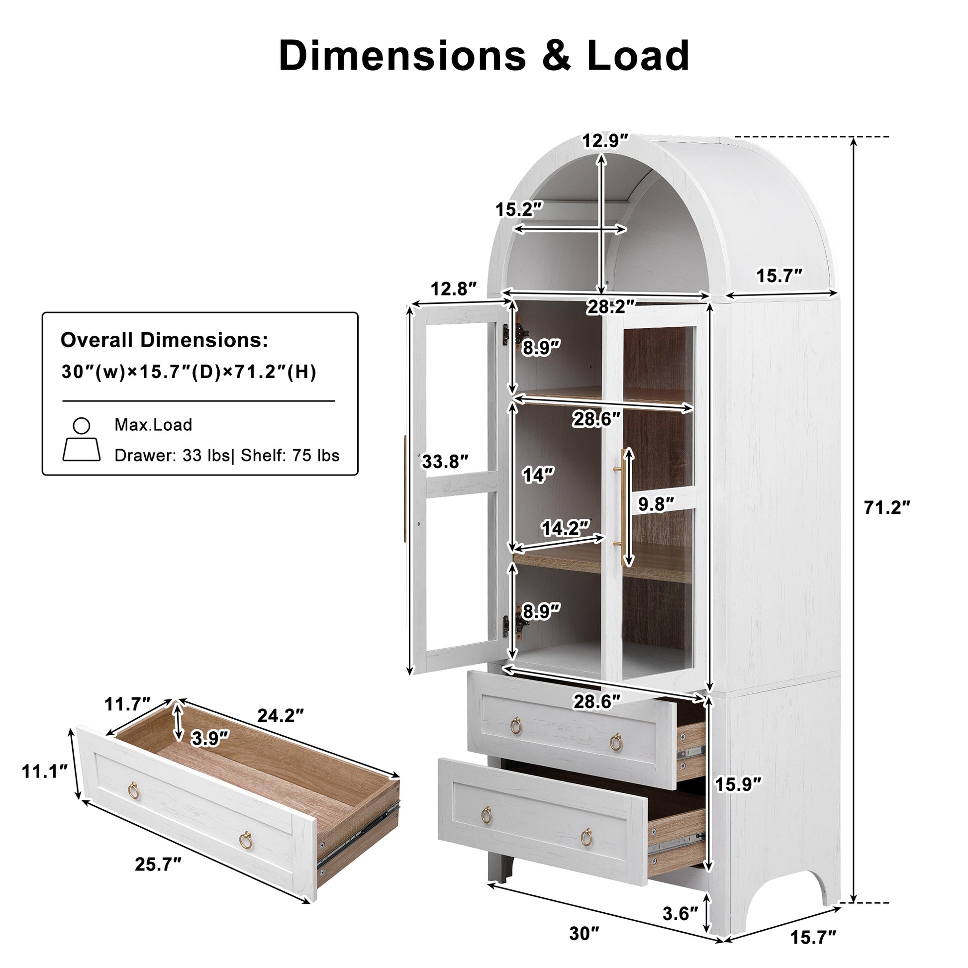 Dimension chart of the Artisan white arched pantry cabinet showing overall measurements drawer dimensions shelf spacing and load capacity details for kitchen storage organization
