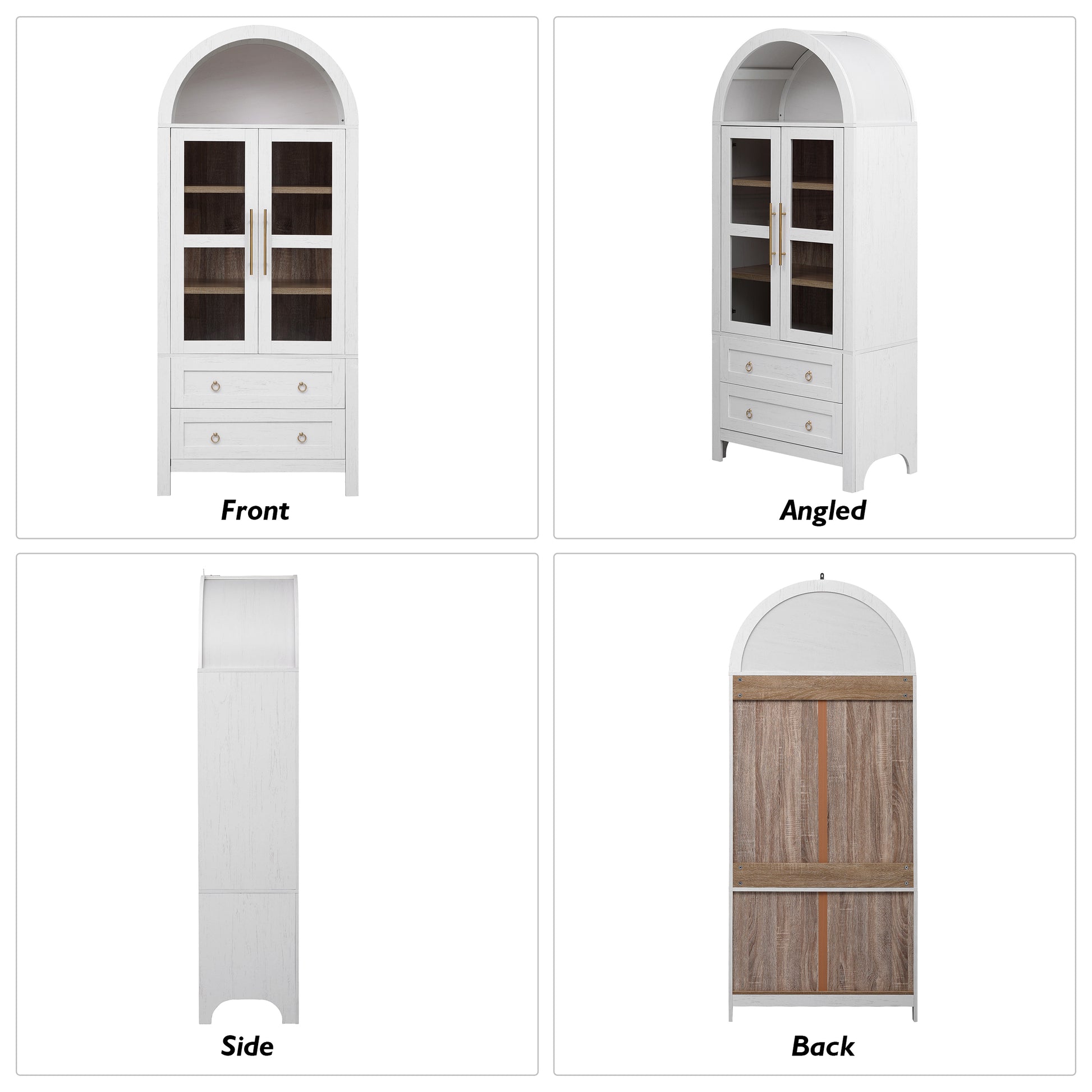 Collage showing front angled side and back views of the white Artisan arched pantry cabinet with glass doors drawers and farmhouse-inspired storage design