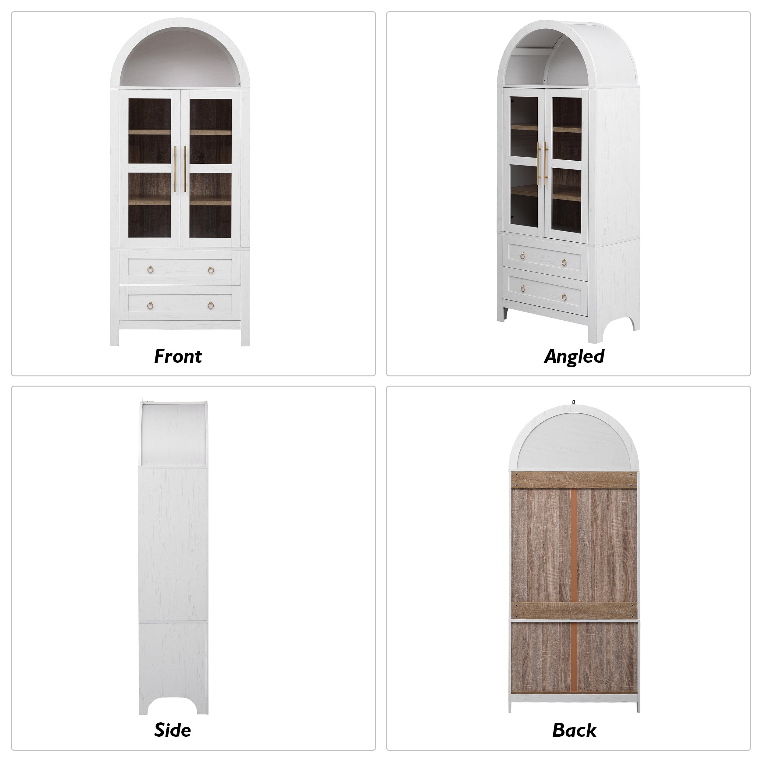 Collage showing front angled side and back views of the white Artisan arched pantry cabinet with glass doors drawers and farmhouse-inspired storage design