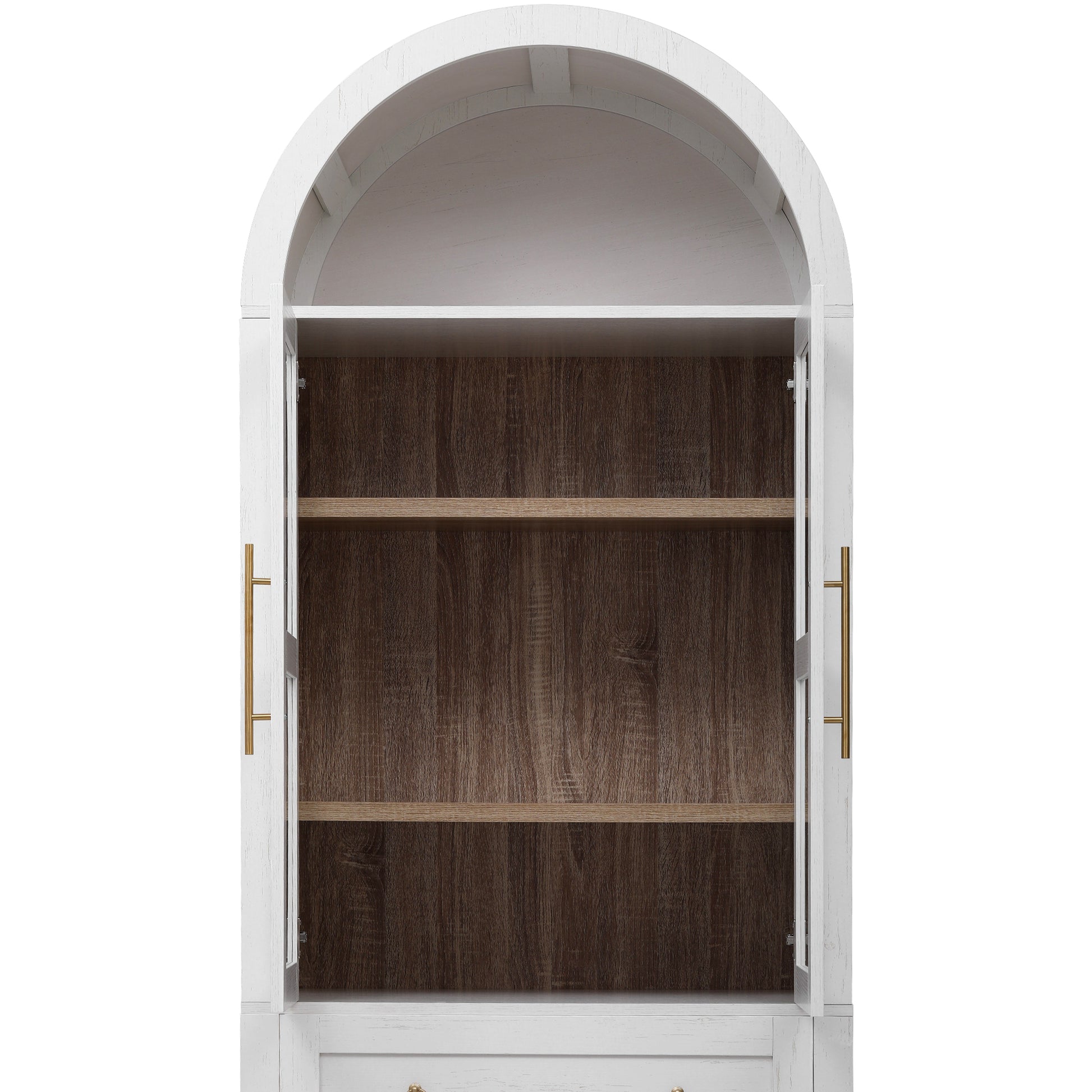 Interior storage view of the white Artisan arched pantry cabinet featuring open shelves adjustable shelving and glass door storage compartments for kitchen organization