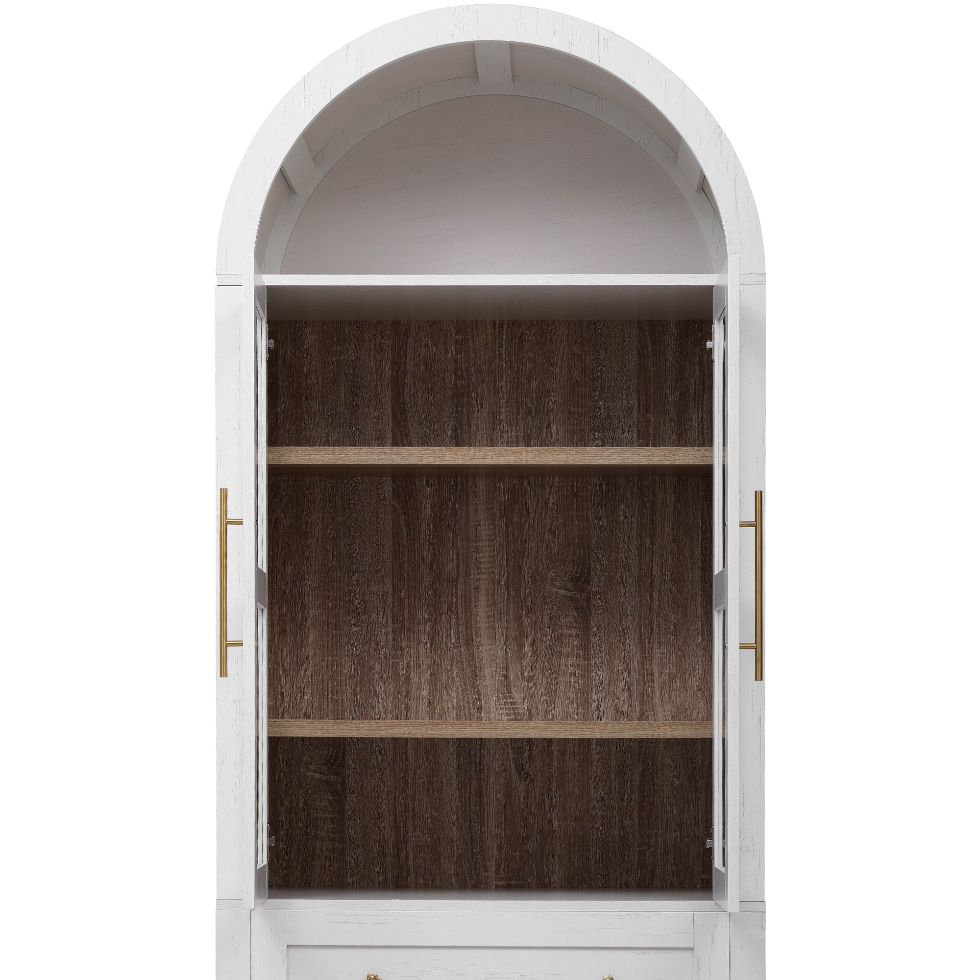 Interior storage view of the white Artisan arched pantry cabinet featuring open shelves adjustable shelving and glass door storage compartments for kitchen organization