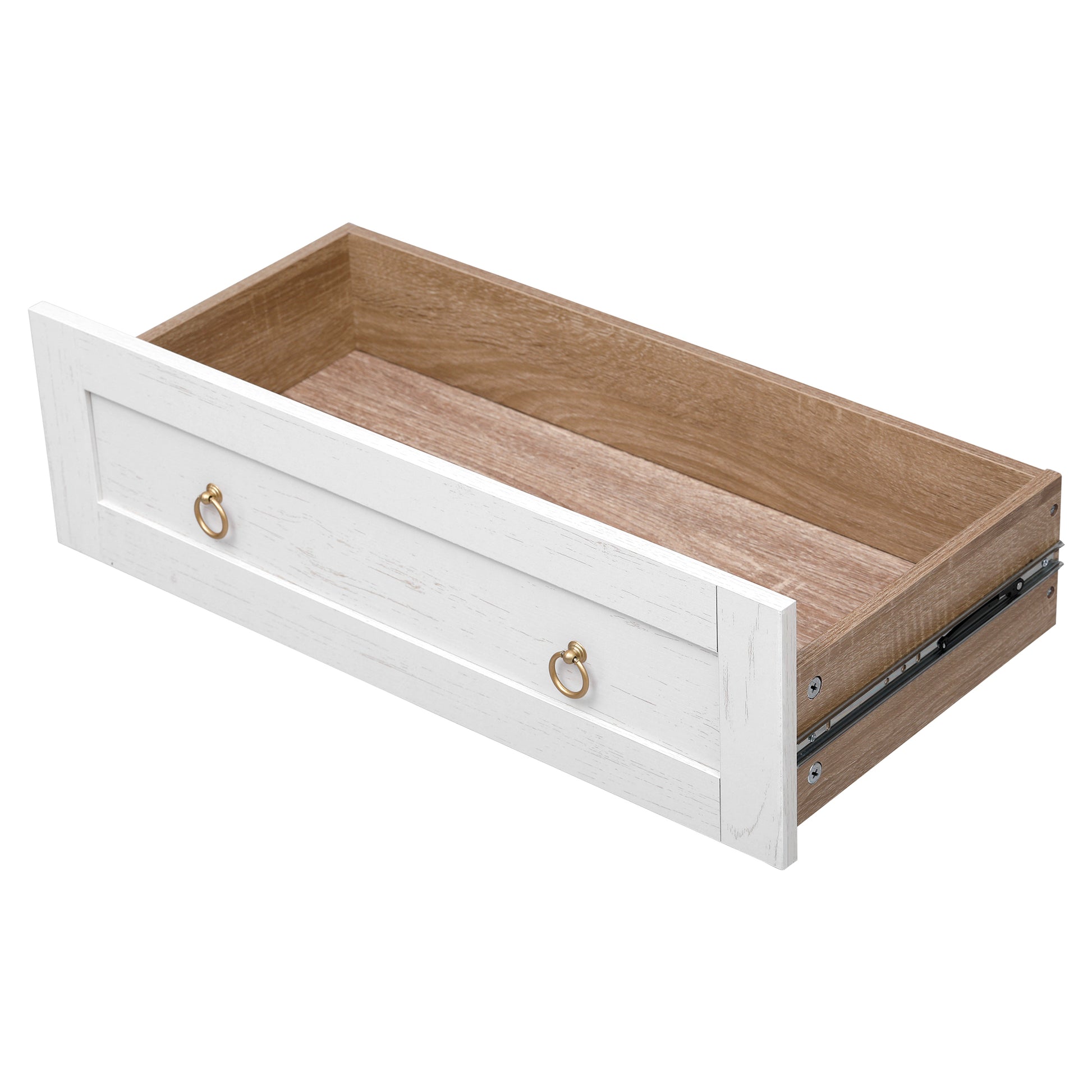 Close-up of the white Artisan pantry cabinet storage drawer with gold ring pulls, wood-tone interior, and smooth sliding rail construction