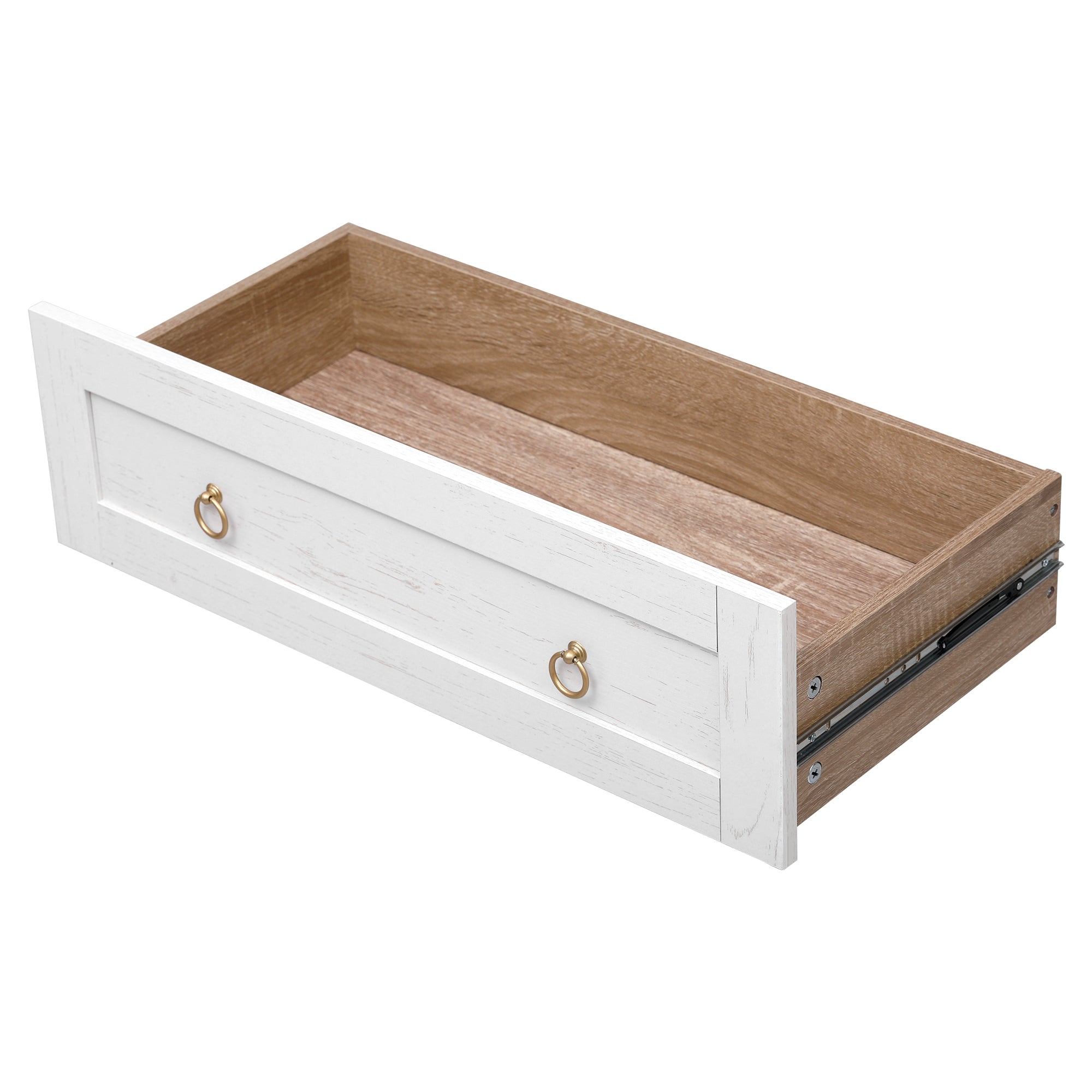 Close-up of the white Artisan pantry cabinet storage drawer with gold ring pulls, wood-tone interior, and smooth sliding rail construction