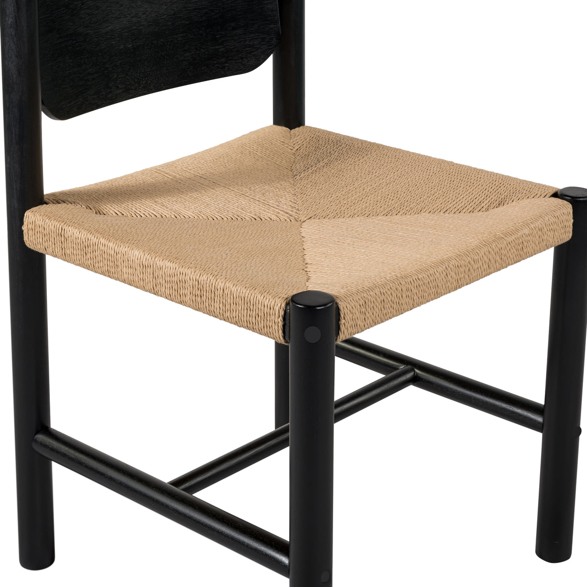 Arve black dining chair showing paper cord seat and black wood frame detail
