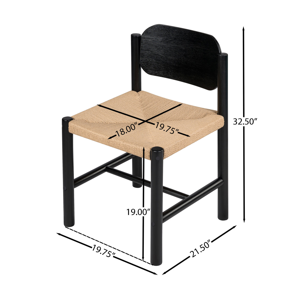 Arve black dining chair showing product dimensions