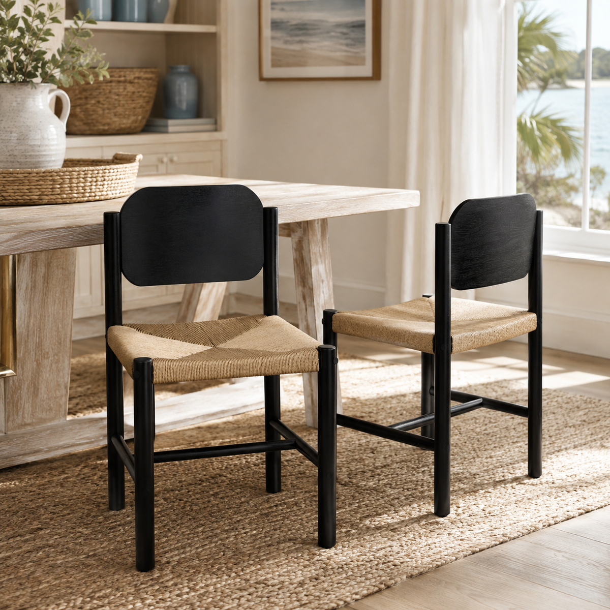 Arve black dining chair showing two chairs styled with a dining table in a dining room