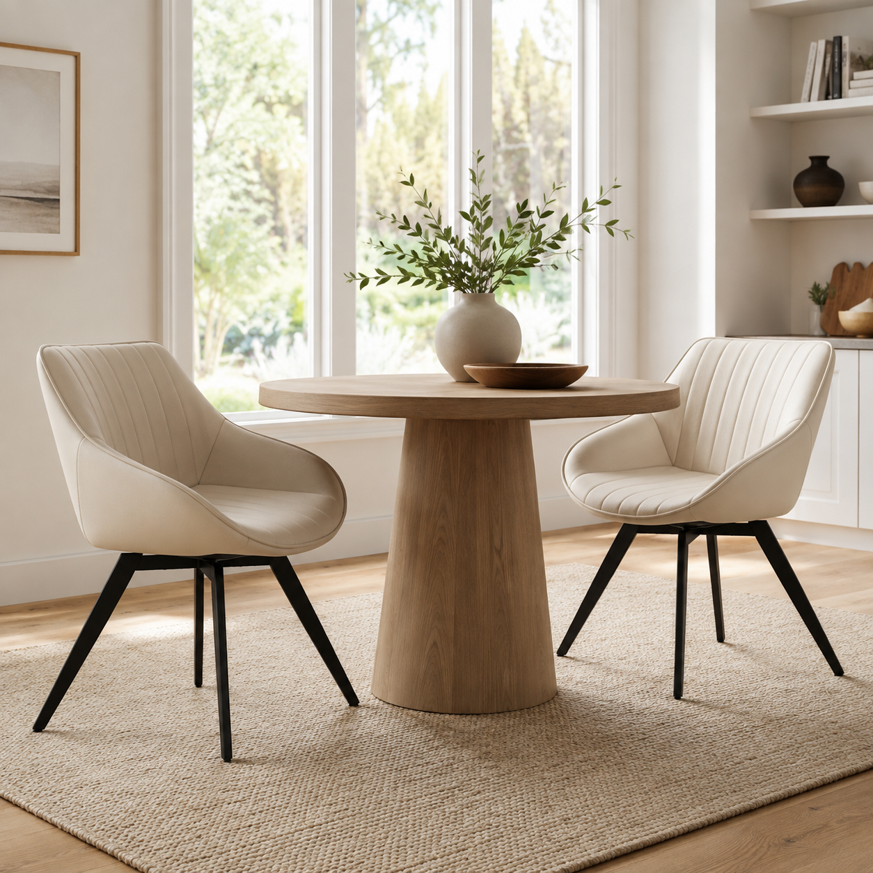 Atitlan beige swivel PU leather dining chairs with black metal legs beside a round wood dining table in a bright dining room