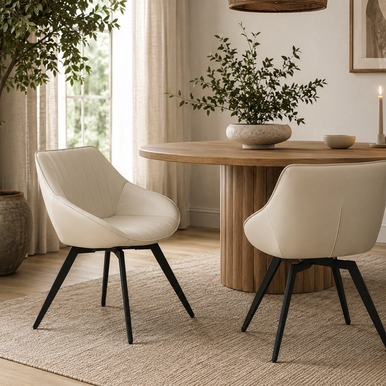Atitlan beige dining chairs around a round wood dining table in a warm modern dining space