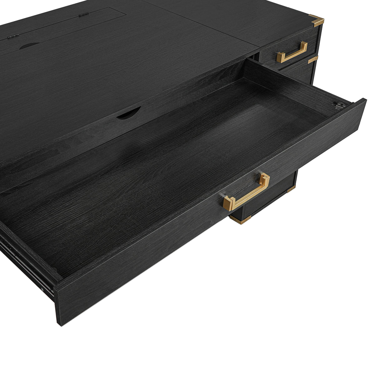 Axiom black executive desk showing pull-out keyboard tray detail