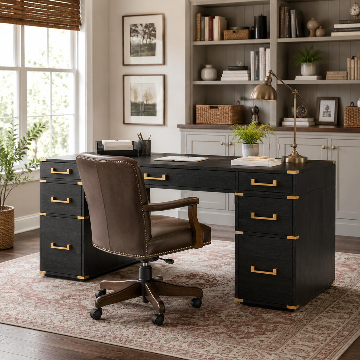 Axiom black executive office desk with seven drawers and gold accents in a refined home office