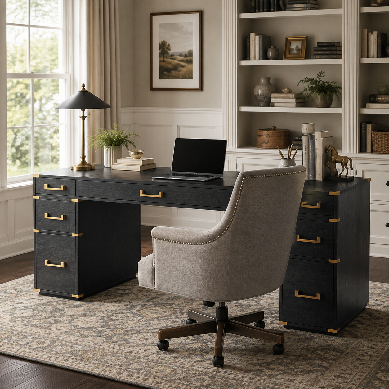 Axiom black executive desk with gold drawer pulls in a bright office with built-in shelving