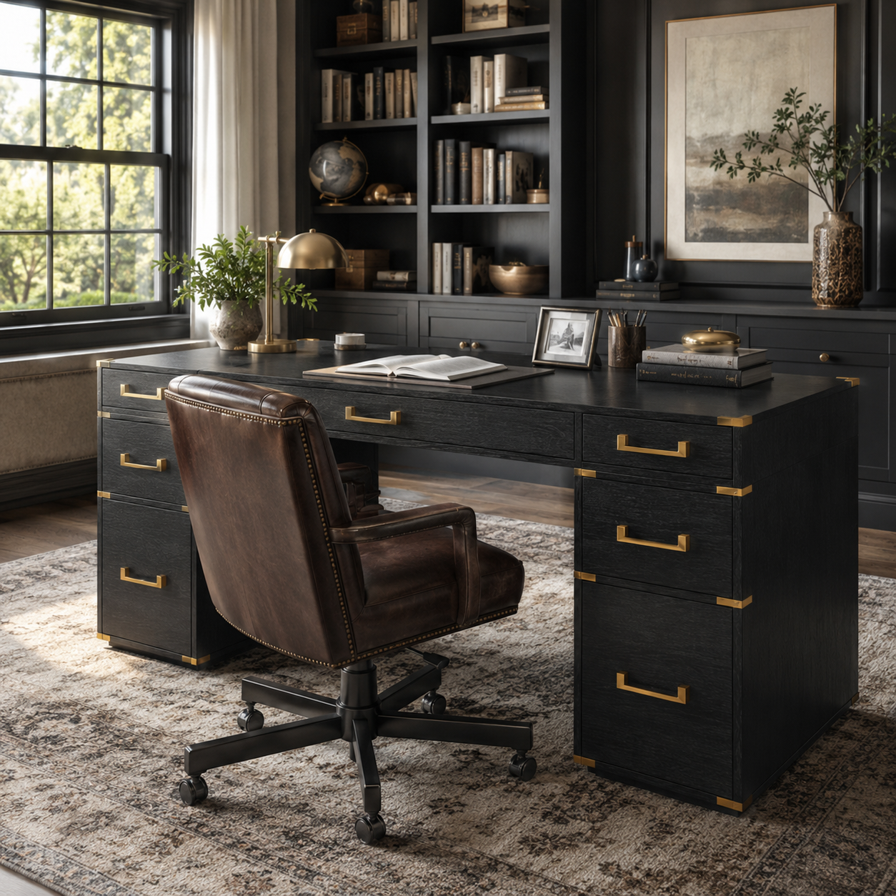 Axiom black executive office desk in a dark contemporary workspace with bookshelves