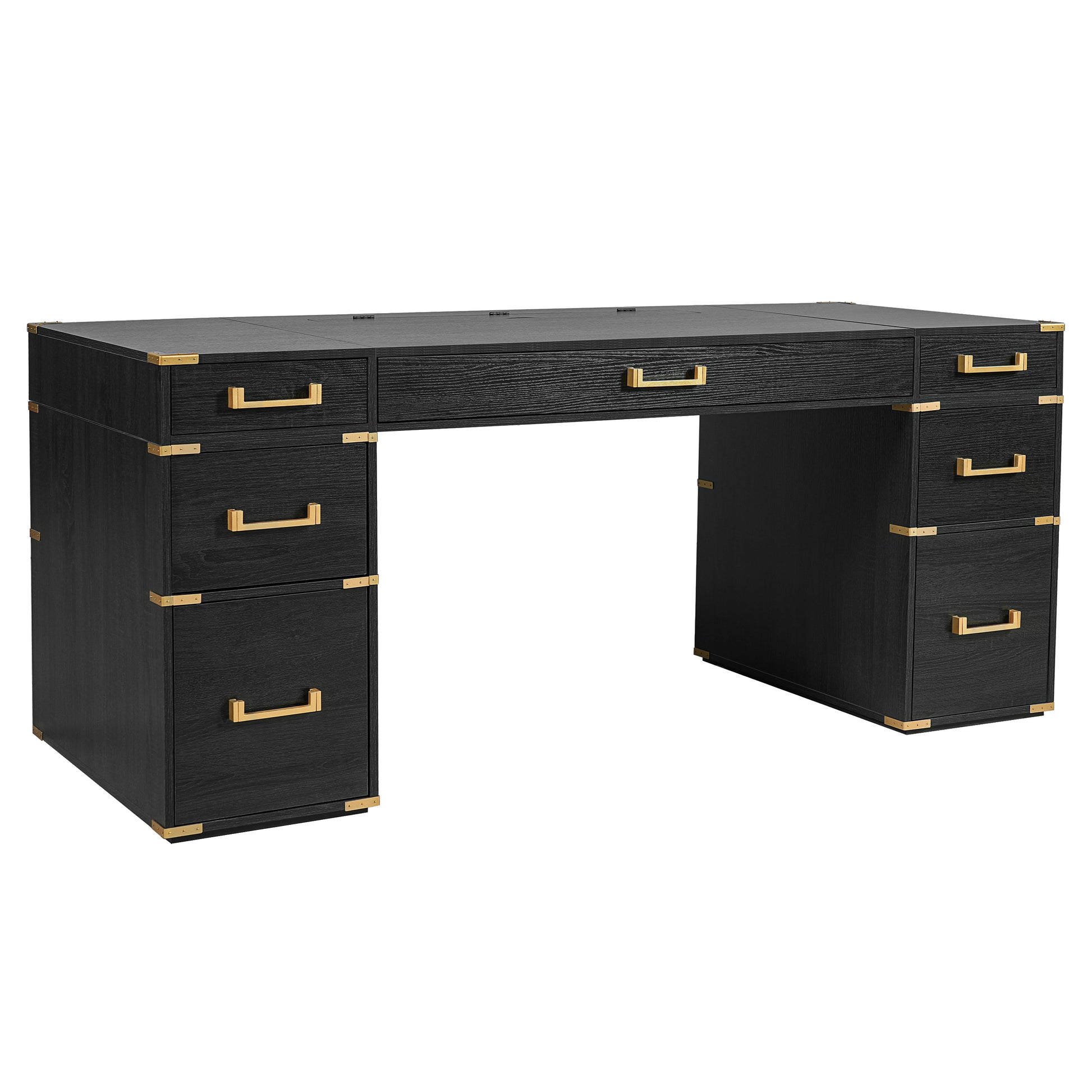 Axiom black executive desk front angled view with gold drawer handles on white background