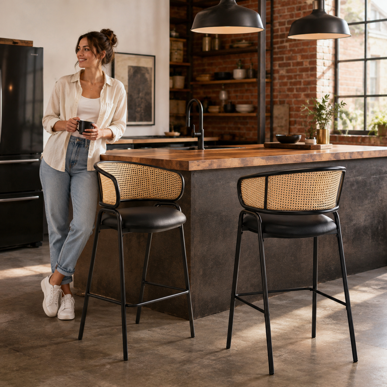 Banyuls 29.5" PU Leather with Rattan Back Bar Height Stools Set of 2