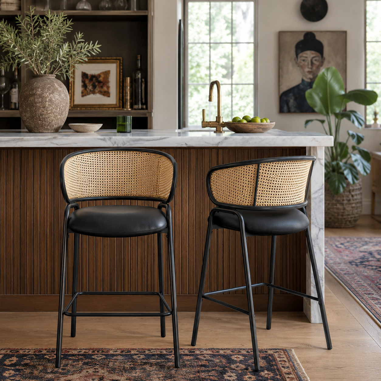 Banyuls 29.5" PU Leather with Rattan Back Bar Height Stools Set of 2