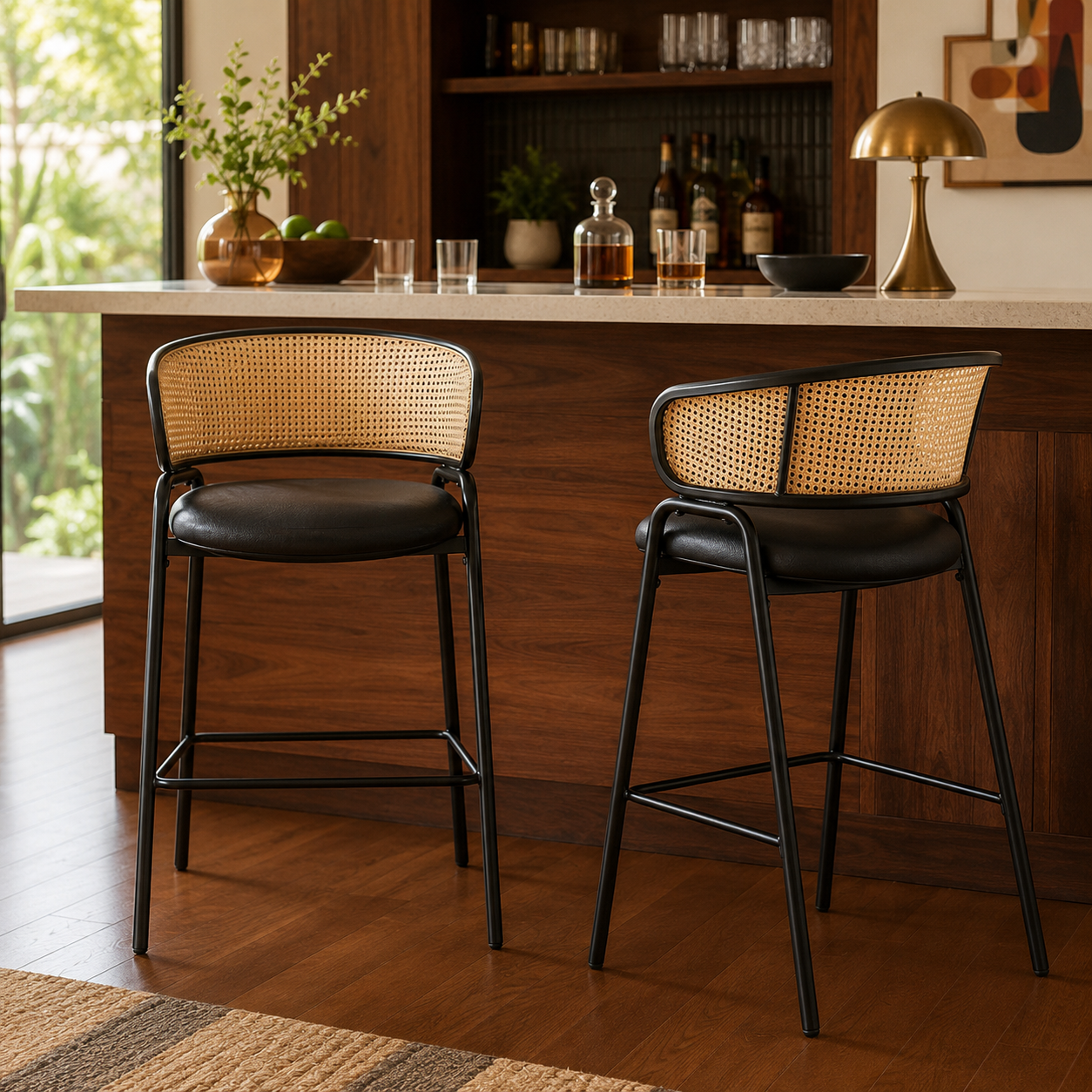 Banyuls 29.5" PU Leather with Rattan Back Bar Height Stools Set of 2