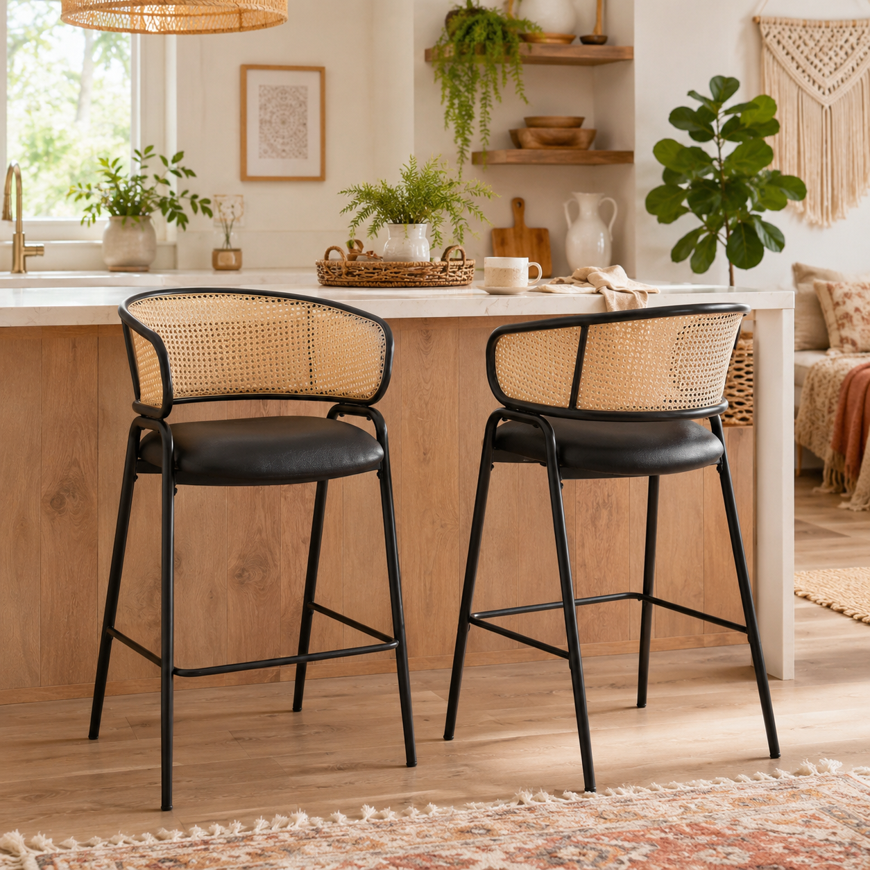 Banyuls 29.5" PU Leather with Rattan Back Bar Height Stools Set of 2