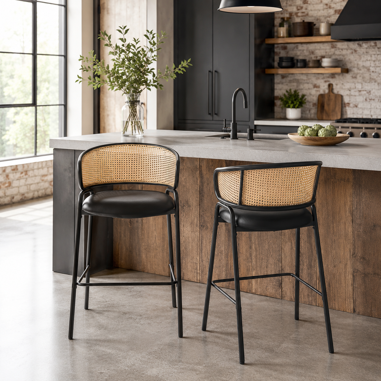 Banyuls 29.5" PU Leather with Rattan Back Bar Height Stools Set of 2