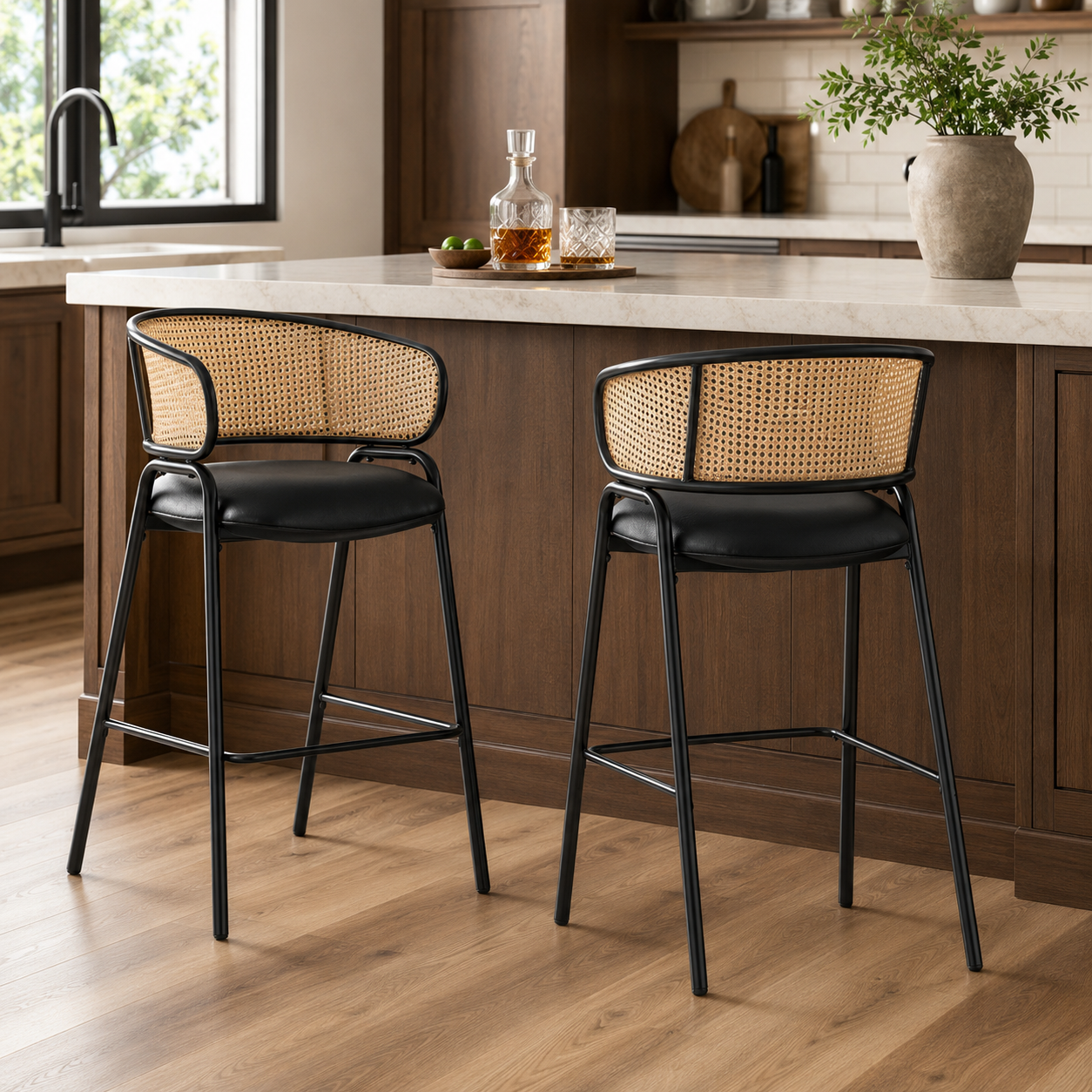 Banyuls 29.5" PU Leather with Rattan Back Bar Height Stools Set of 2