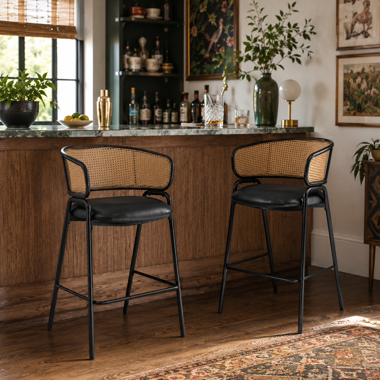 Banyuls 29.5" PU Leather with Rattan Back Bar Height Stools Set of 2