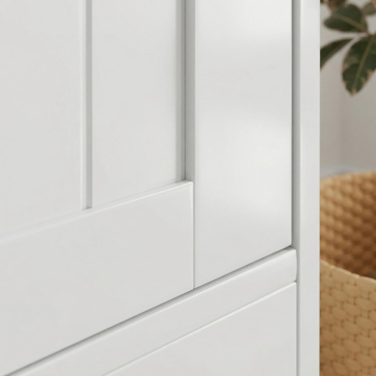 Barcelona white storage cabinet showing open shelves and fluted door detail