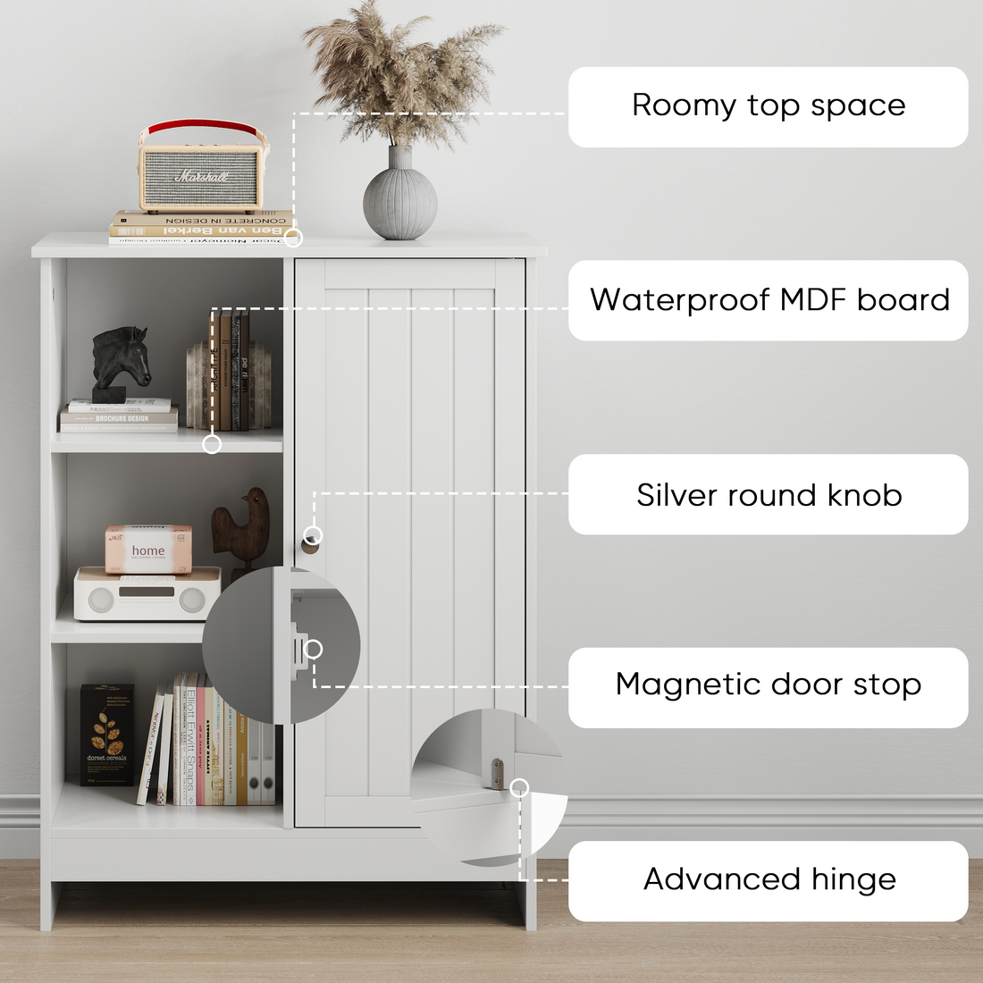 Barcelona white storage cabinet showing roomy top surface, waterproof MDF board, silver knob, magnetic door stop and hinge detail