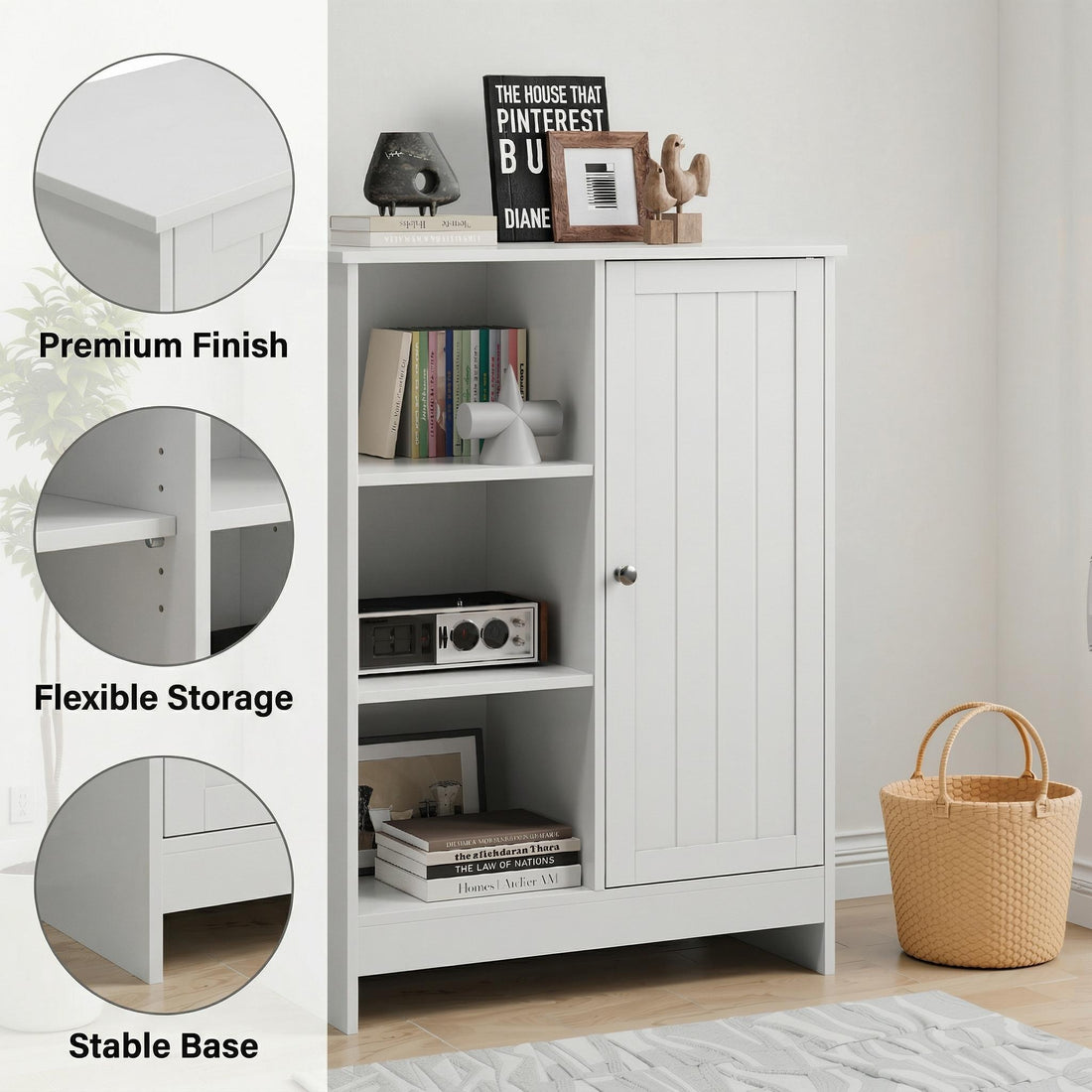 Barcelona white storage cabinet showing premium finish, adjustable shelf storage and stable base detail