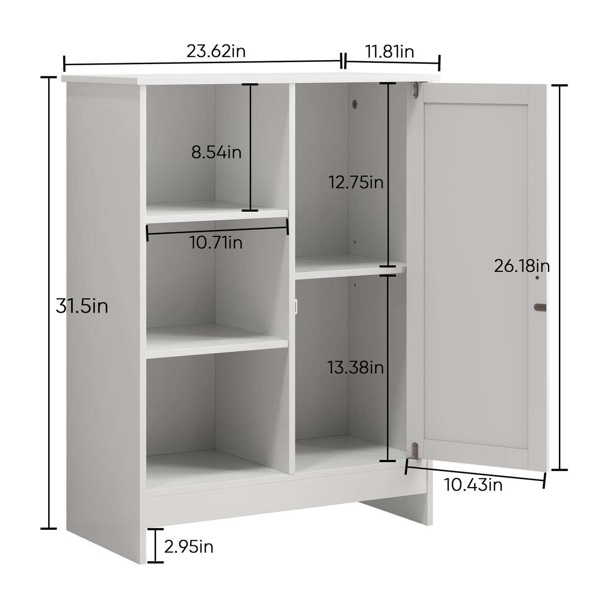 Barcelona white storage cabinet showing dimensions and interior storage layout