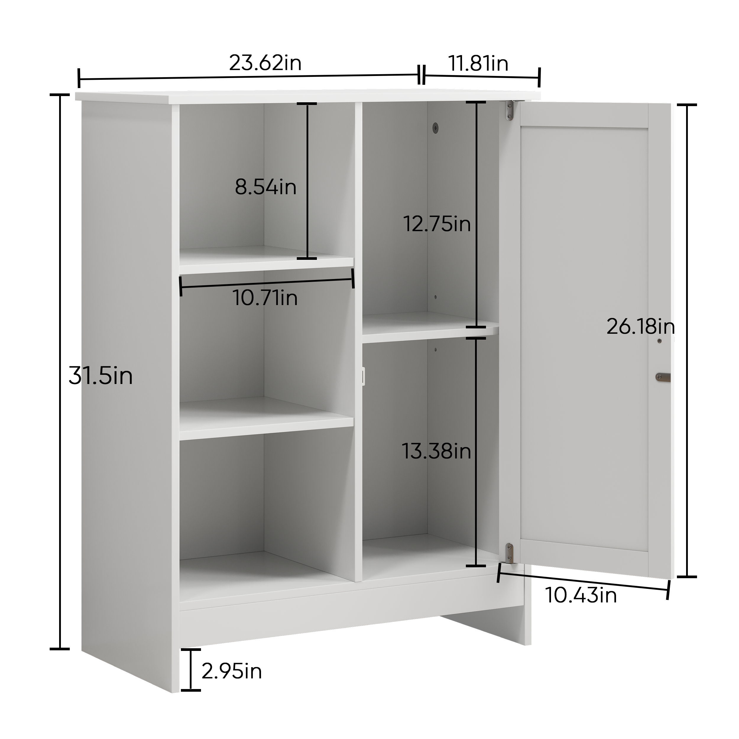 Barcelona white storage cabinet showing dimensions and interior storage layout