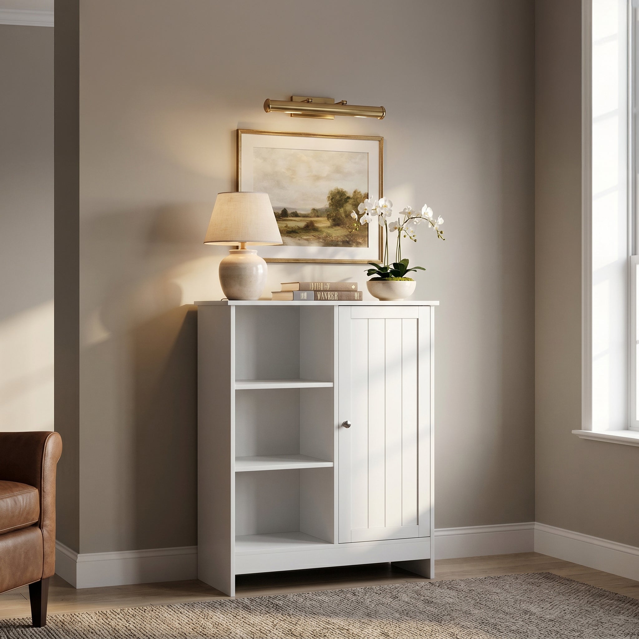 Barcelona white storage cabinet showing a styled living room scene with door and open shelves