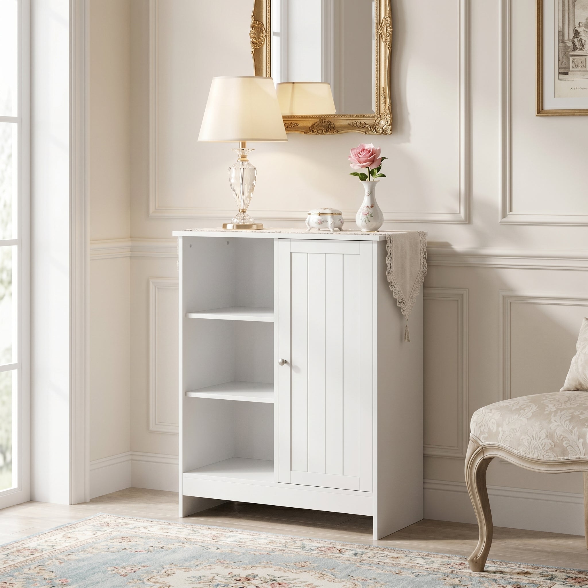 Barcelona white storage cabinet showing a bright corner room setup by the window