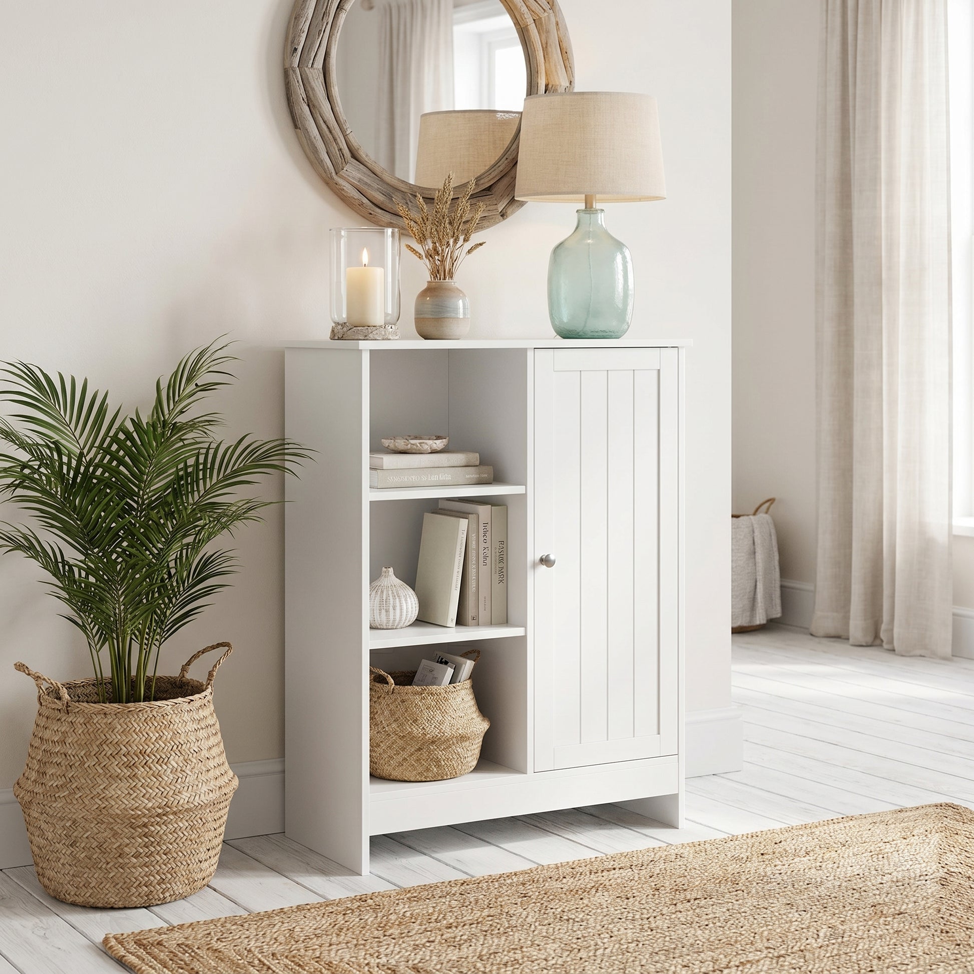 Barcelona white storage cabinet showing a styled entryway scene with mirror and plants