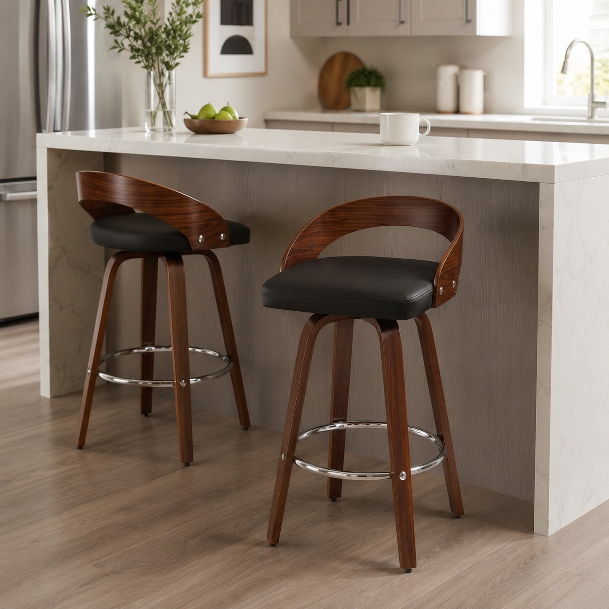 Barolo 25" PU Leather Bentwood Swivel Counter Height Bar Stool Set of 2