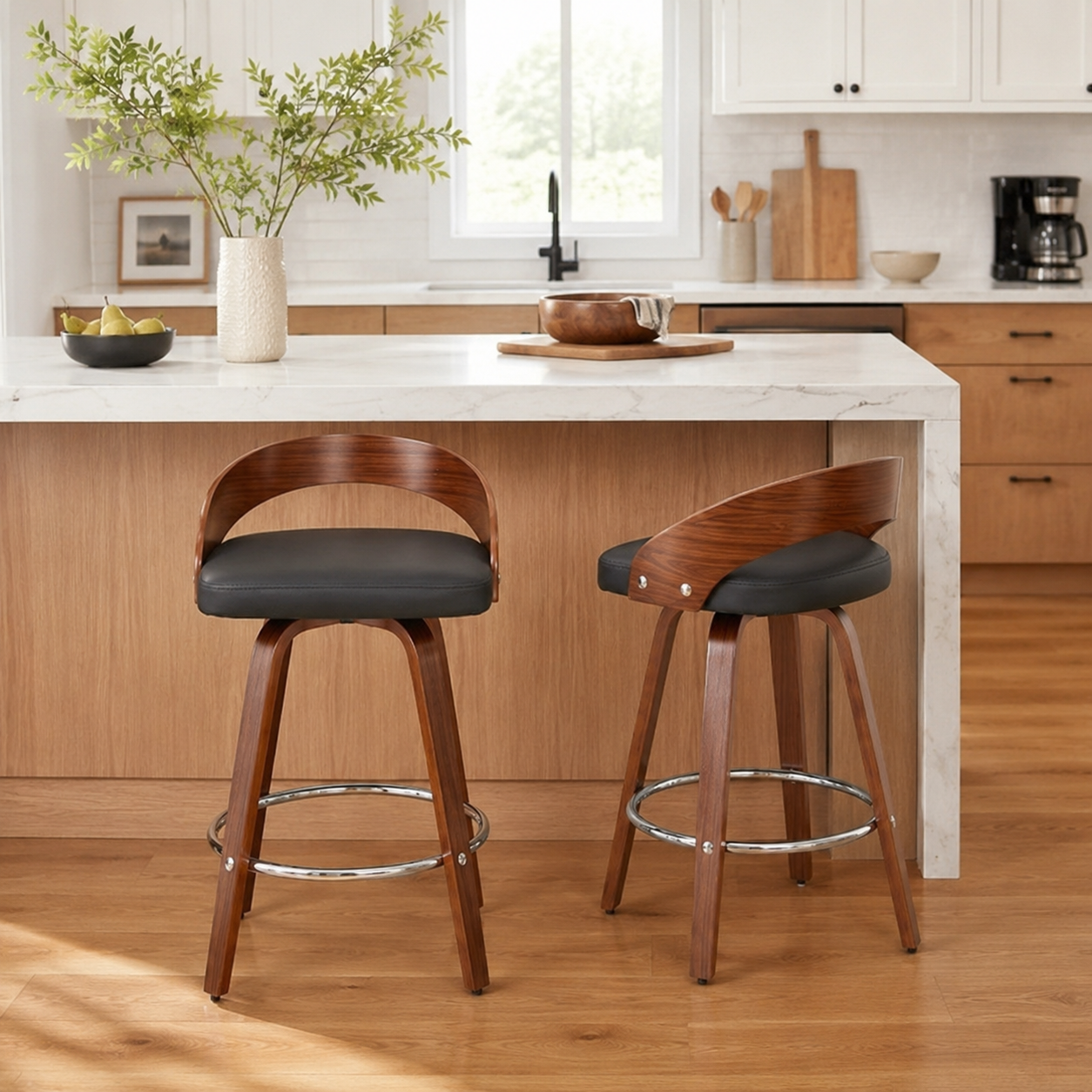 Barolo 25" PU Leather Bentwood Swivel Counter Height Bar Stool Set of 2