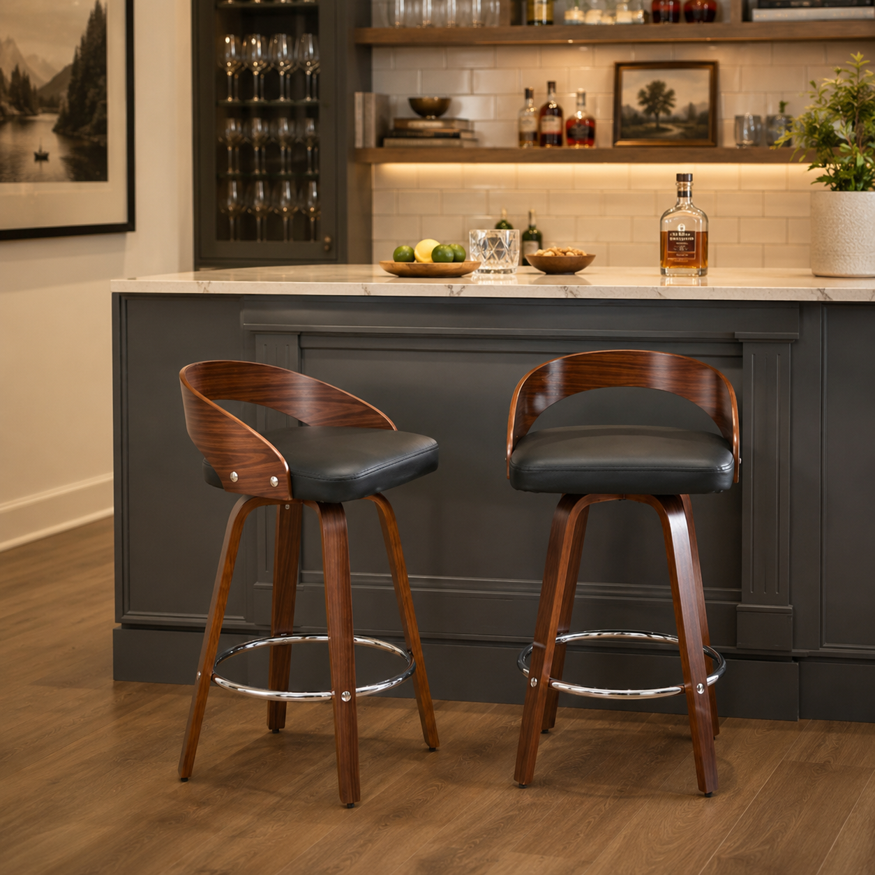 Barolo 25" PU Leather Bentwood Swivel Counter Height Bar Stool Set of 2