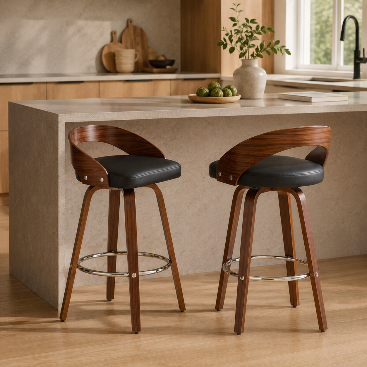 Barolo 25" PU Leather Bentwood Swivel Counter Height Bar Stool Set of 2