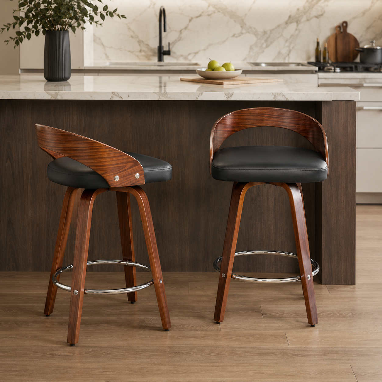 Barolo 25" PU Leather Bentwood Swivel Counter Height Bar Stool Set of 2