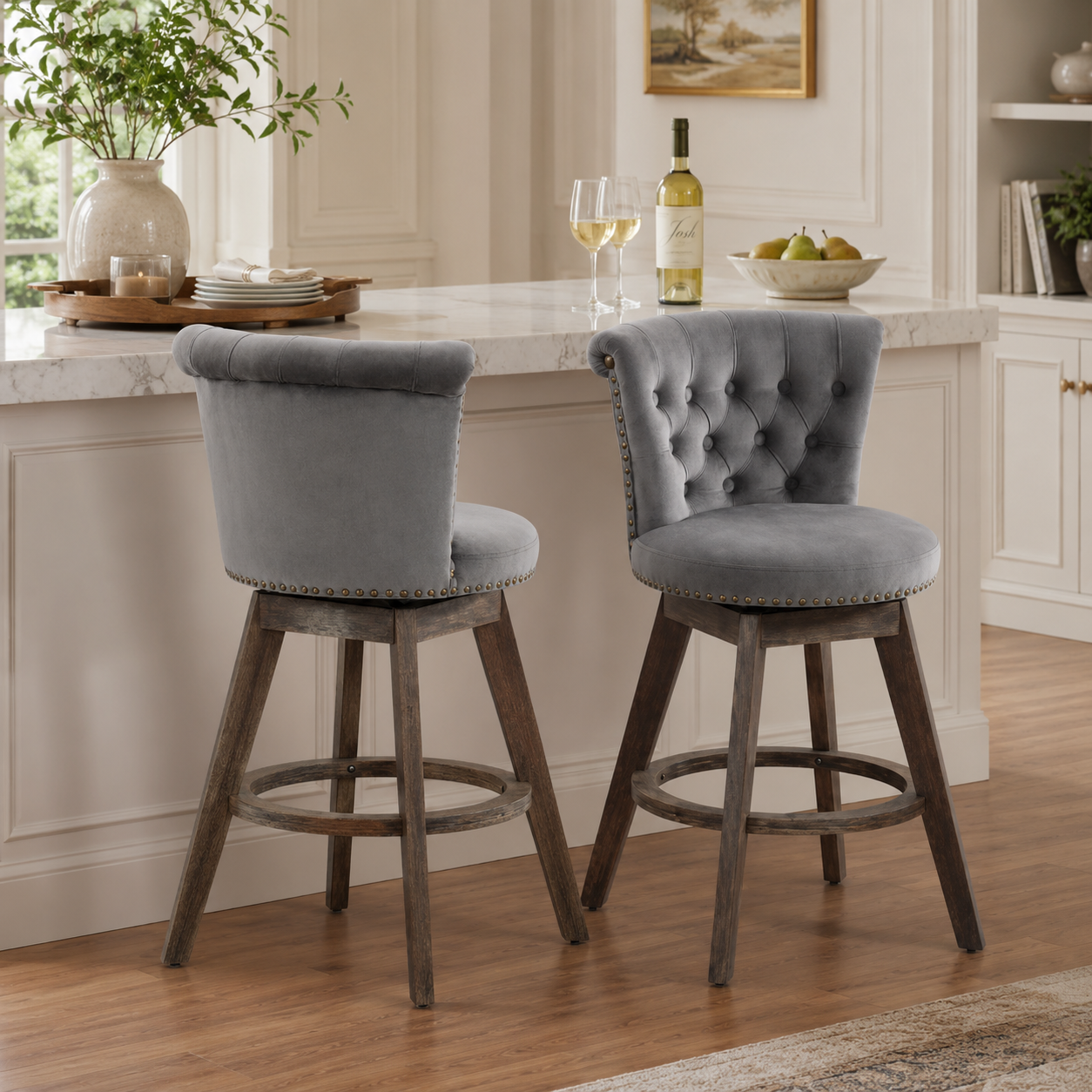Barossa 26" Tufted Velvet Swivel Counter Height Bar Stool Set of 2 with Backrest