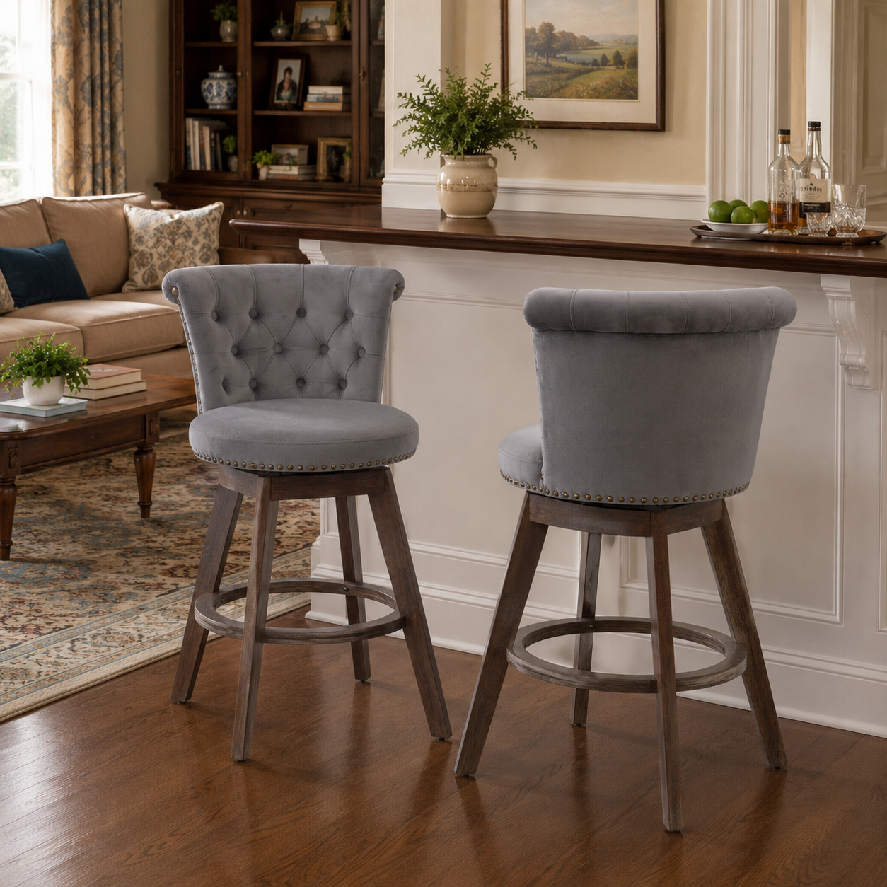 Barossa 26" Tufted Velvet Swivel Counter Height Bar Stool Set of 2 with Backrest