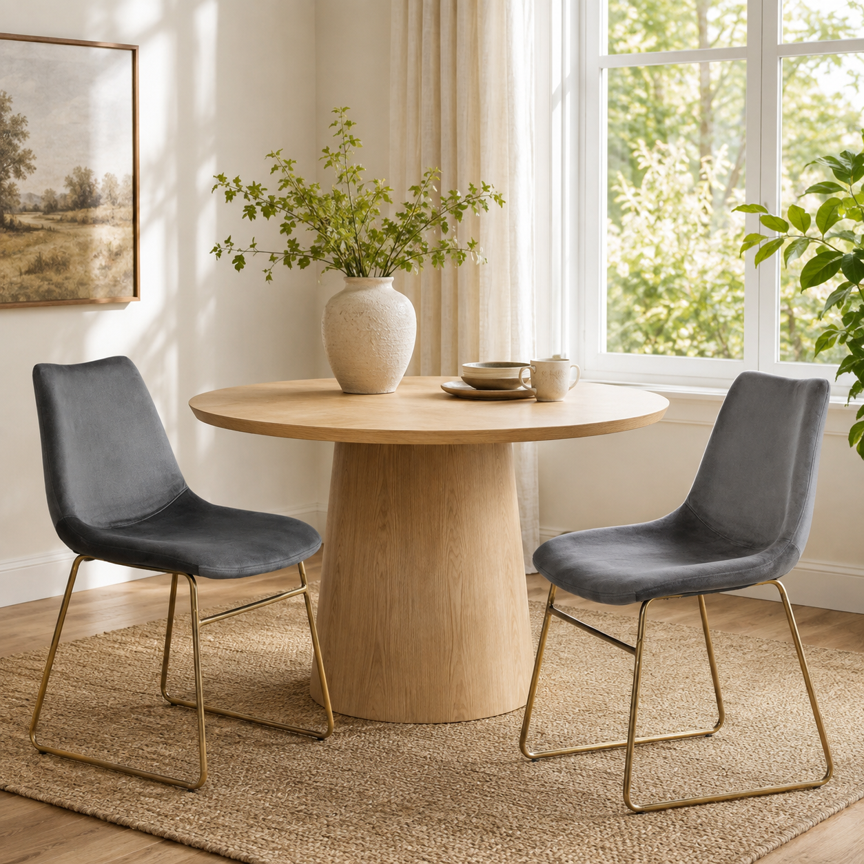 Batassel grey velvet dining chairs styled around a wood dining table