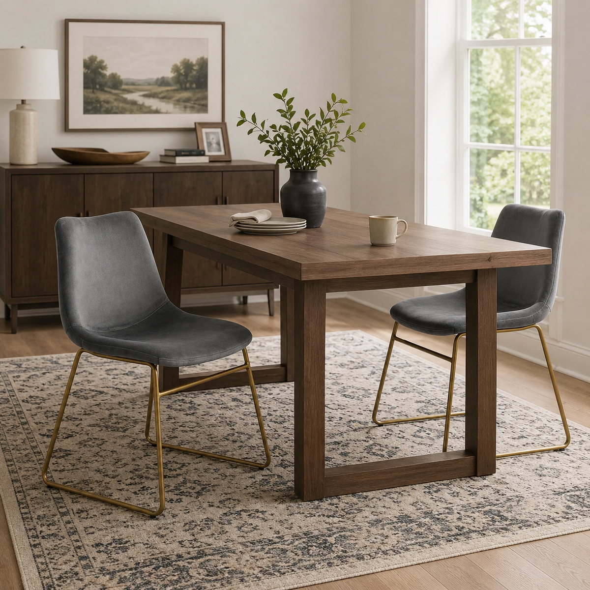Batassel grey velvet dining chair set of 2 in a modern dining room