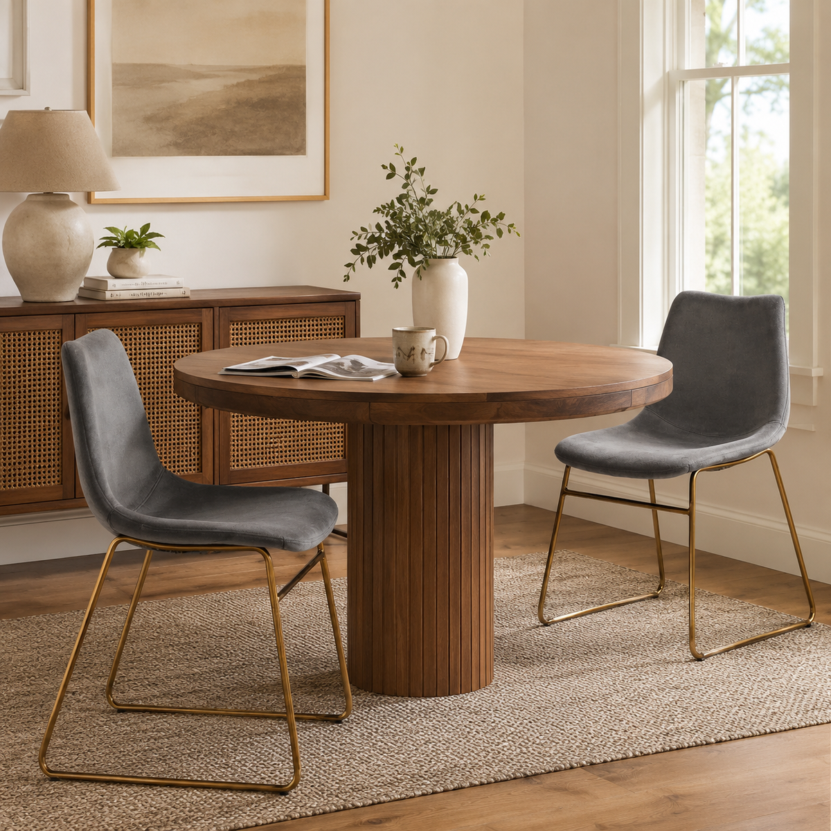 Batassel grey velvet dining chair set of 2 shown in a bright dining area