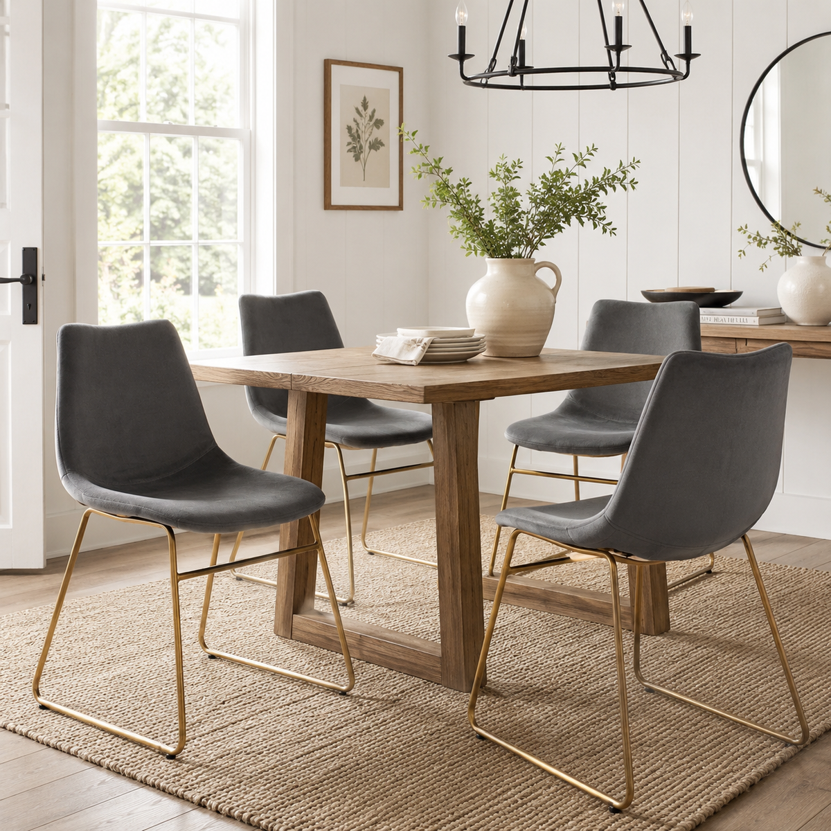 Batassel grey velvet dining chair set of 2 shown in a bright dining area